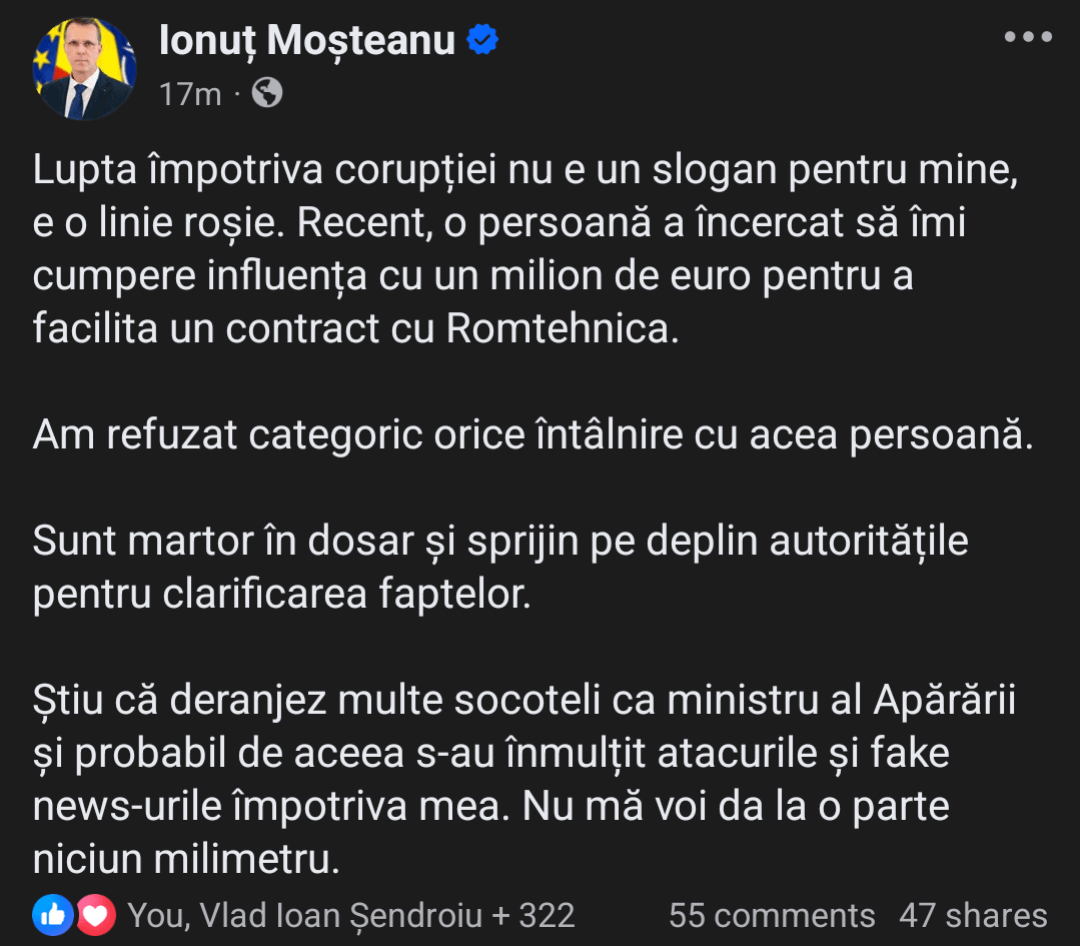 Moșteanu despre mita de 1 milion de euro refuzată