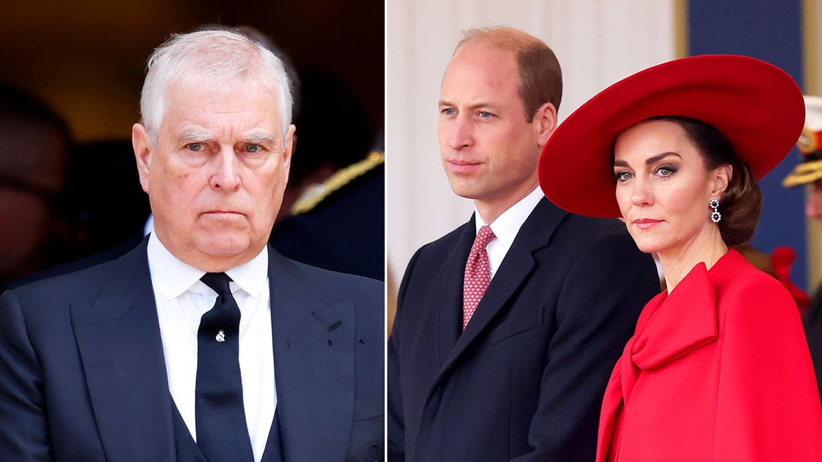 A split side-by-side image of Prince Andrew and Prince William with Kate Middleton.