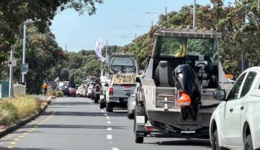 Boats towed over Auckland Harbour Bridge in fishing protest convoy