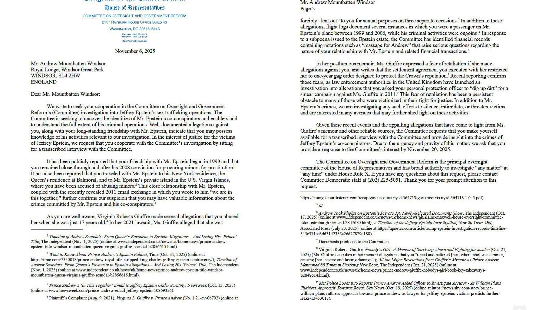 Andrew Mountbatten Windsor, formerly known as Prince Andrew, ordered by House Democrats to appear before congress in Washington, DC for questioning over his links to pedophile Jeffrey Epstein.