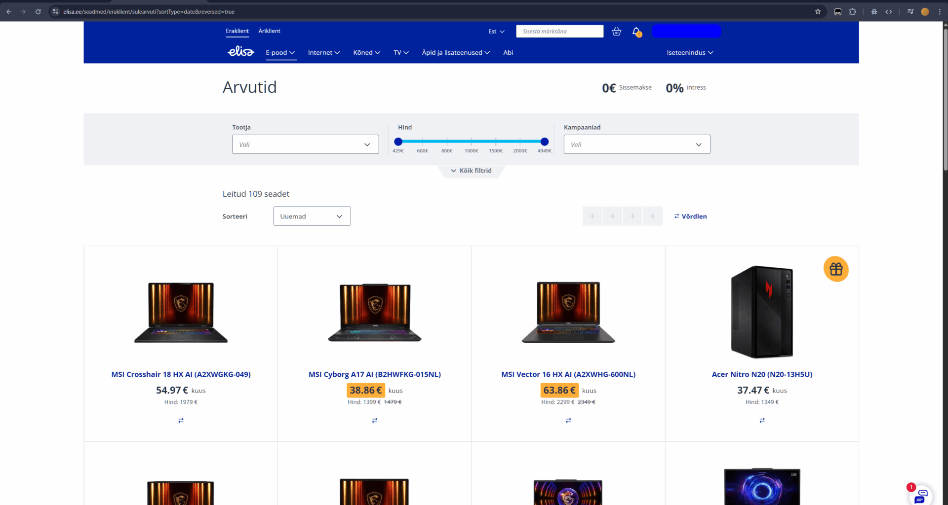 Hakkasin vanaemale uut sülekat otsima. Elisa näitab nüüd hinna asemel suurelt hoopis järelmaksu kuutasu. MILLEKS???