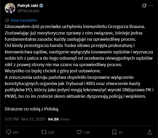 Patryk Jaki zagłosował przeciwko uchyleniu immunitetu Grzegorza Brauna