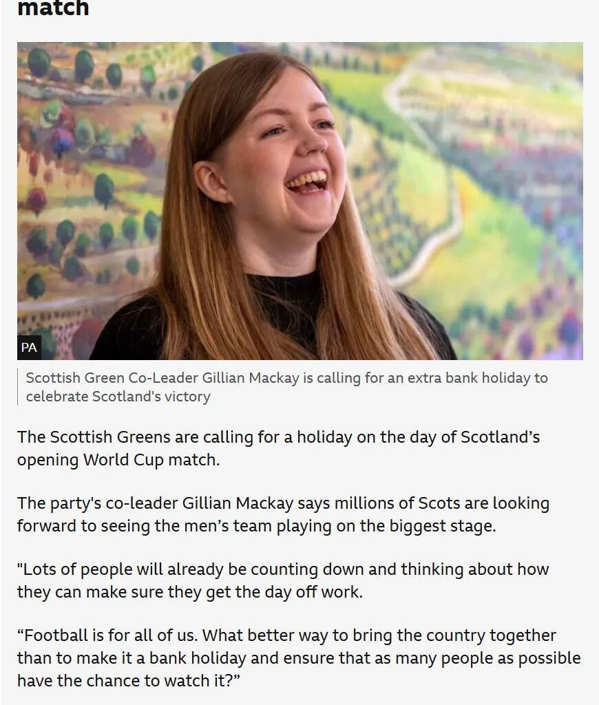 Scottish Greens call for bank holiday for Scotland's opening World Cup match