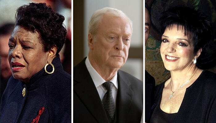 From left: Maya Angelou, Michael Caine, Liza Minnelli (Photos: PR -Globus Group-Atara Israeli Wikipedia) מימין לייזה מינלי מייקל קיין ו מאיה אנג'לו