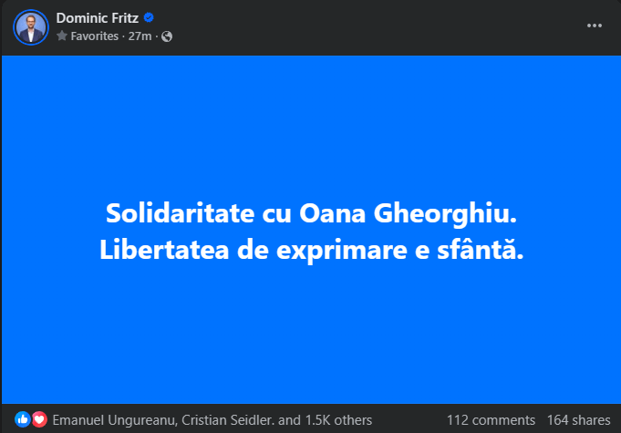 Fritz: Solidaritate cu Oana Gheorghiul în conflictul cu CSM