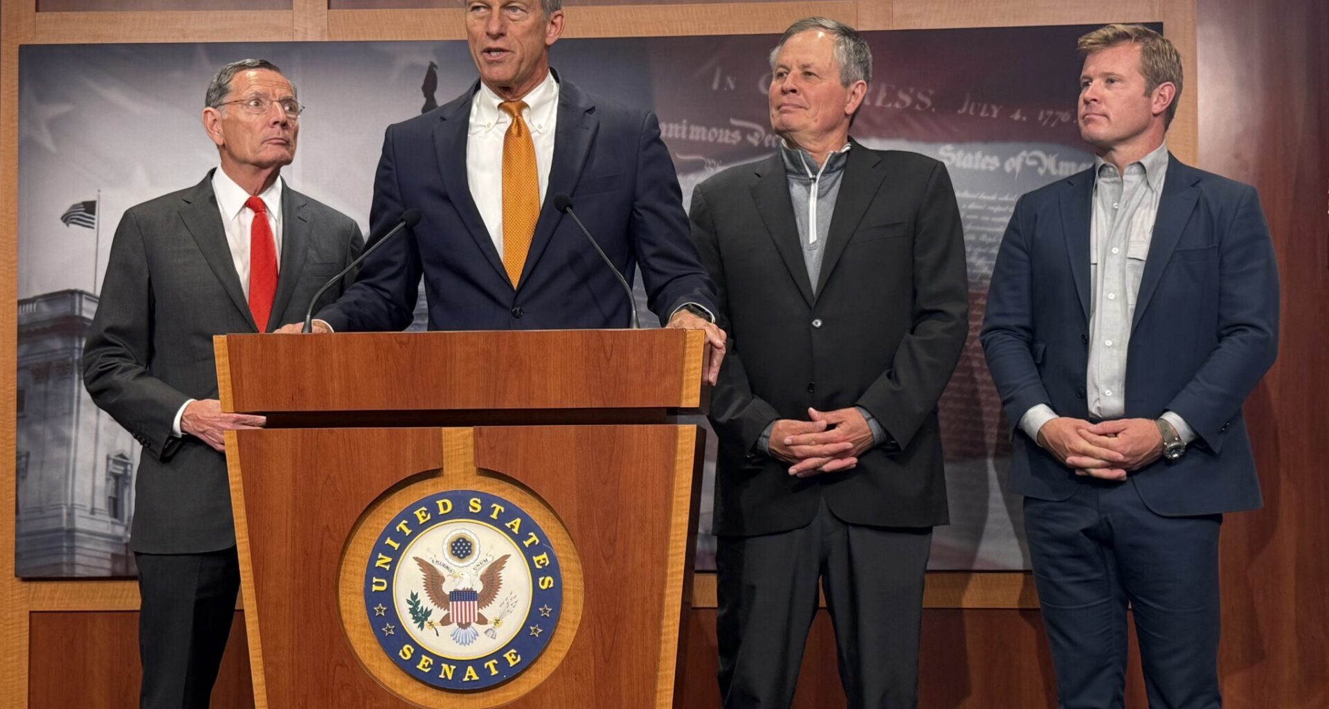 U.S. Senate Majority Leader John Thune, R-S.D., speaks with reporters inside the Capitol building in Washington, D.C., on Friday, Sept. 19, 2025. Also pictured, from left to right, are Senate Majority Whip John Barrasso, R-Wyo., and Montana Republican Sens. Steve Daines and Tim Sheehy.