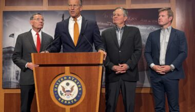 U.S. Senate Majority Leader John Thune, R-S.D., speaks with reporters inside the Capitol building in Washington, D.C., on Friday, Sept. 19, 2025. Also pictured, from left to right, are Senate Majority Whip John Barrasso, R-Wyo., and Montana Republican Sens. Steve Daines and Tim Sheehy.