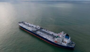 Aerial photo of an oil tanker at anchor. Stock Photo: Nickeo23/Shutterstock