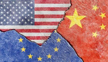 Flags of the United States, China, and the European Union