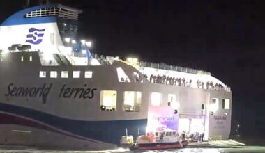 Passengers are helped off the ferry. Pic: The Korea Coast Guard/Yonhap/AP