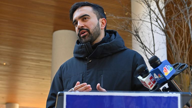 During the primaries, Mamdani held a news conference outside Cuomo's apartment in March. Pic: zz/Andrea Renault/STAR MAX/IPx