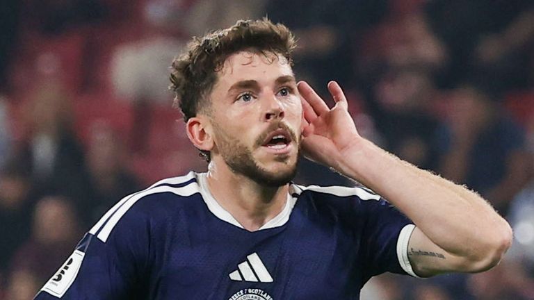 PIRAEUS, GREECE - NOVEMBER 15: Scotland's Ryan Christie celebrates as he scores to make it 3-2 during a 2026 FIFA World Cup Qualifying match between Greece and Scotland at Georgios Karaiskakis Football Stadium, on November 15, 2025, in Piraeus, Greece. (Photo by Craig Williamson / SNS Group)