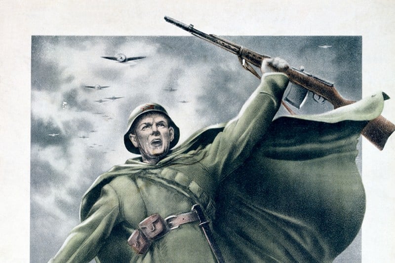 A World War II Soviet propaganda poster by N. Zhukov and V. Klimashin depicting, a Red Army soldier, circa 1941. The text reads: 'Let's Fight For Moscow!'.
(Photo by: Laski Diffusion/Getty Images)