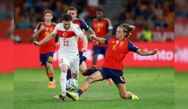 Turkey's Mustafa Eskihellac in action with Spain's Marcos Llorente. Photo: Reuters/Marcelo Del Pozo