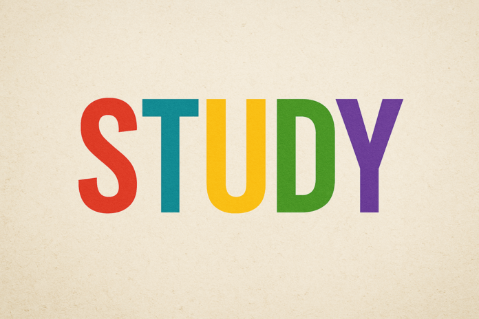 A colorful, retro-style illustration of the word STUDY.