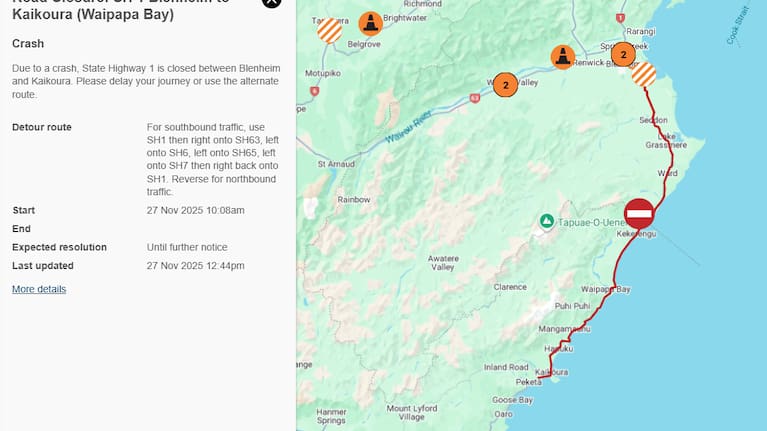 The crash closed SH1 between Blenheim and Kaikōura.