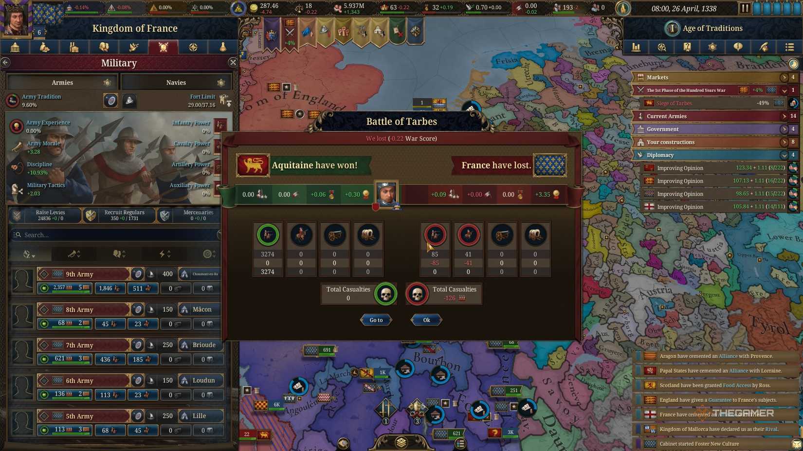 The French losing the Battle of Tarbes in the Hundred Years War in EU5.