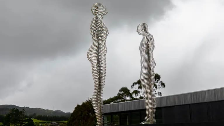 The mechanical sculpture Star Crossed Lovers by Tamara Kevsitadze moves to tell the true story of a Muslim boy and a Christian girl struggling to sustain their love.