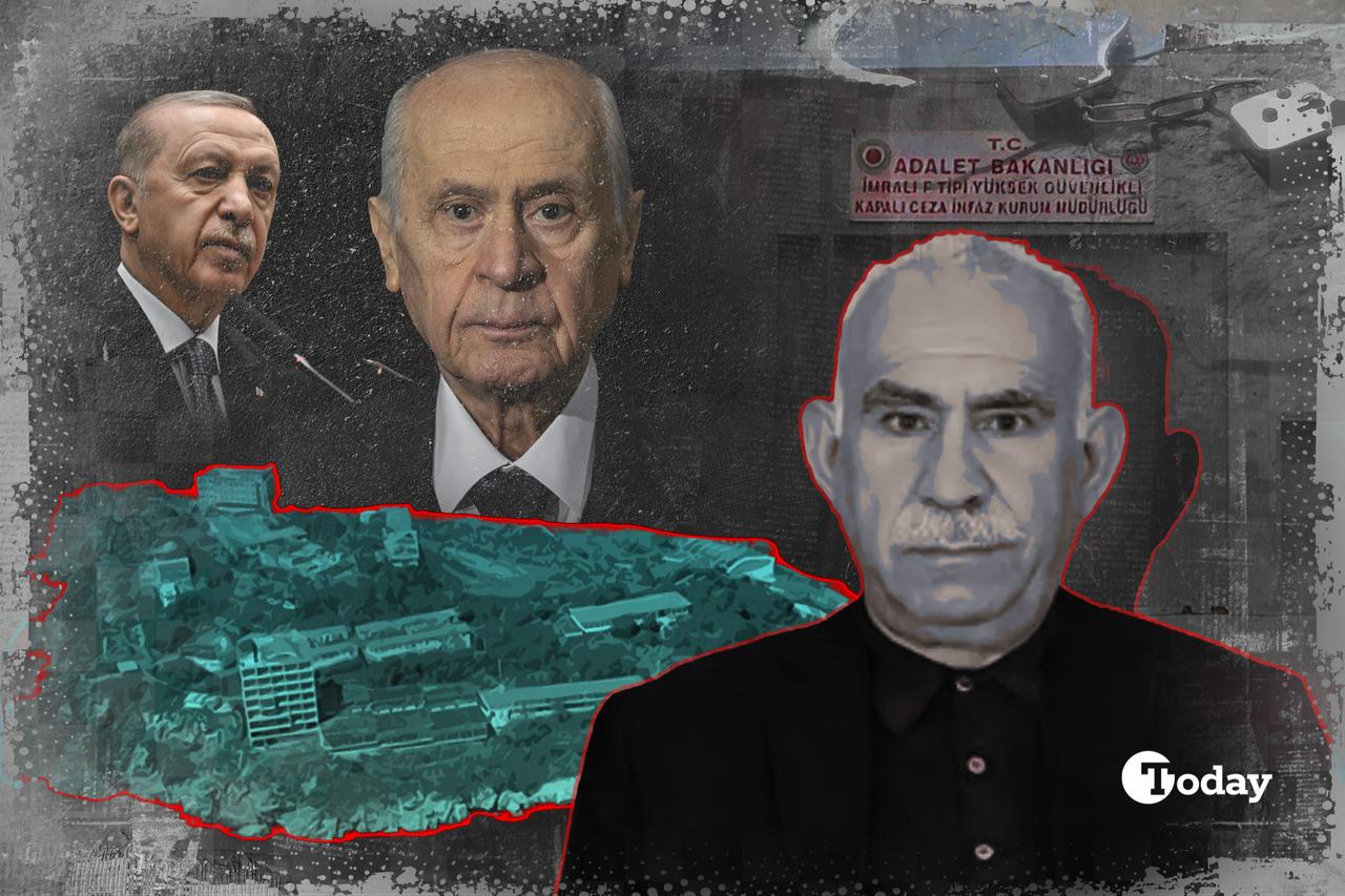 A collage featuring President Recep Tayyip Erdogan (L), Nationalist Movement Party leader Devlet Bahceli (C), and imprisoned PKK terror group ringleader Abdullah Ocalan (R), set against the backdrop of a high-security prison in Imrali, Türkiye. (Collage by Türkiye Today)