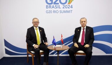 Turkish President Recep Tayyip Erdogan (R) meets with Prime Minister of Australia Anthony Albanese (L) within the G20 Leaders Summit in Rio de Janeiro, Brazil on Nov. 18, 2024. (Turkish Presidency / AA Photo)