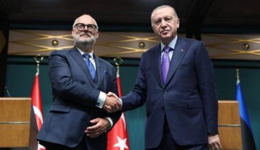 Estonian President Alar Karis, shaking hands with President Recep Tayyip Erdogan, accessed on Nov. 2, 2025. (AA Photo)