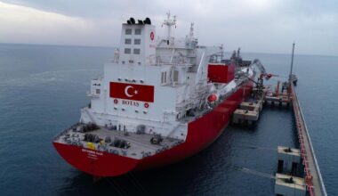 Türkiyes first floating storage regasification unit (FSRU), Ertugrul Gazi, docked at the BOTAS Dortyol LNG Storage Facility off the coast of Hatay in southern Türkiye, Feb. 2, 2022. (IHA Photo)