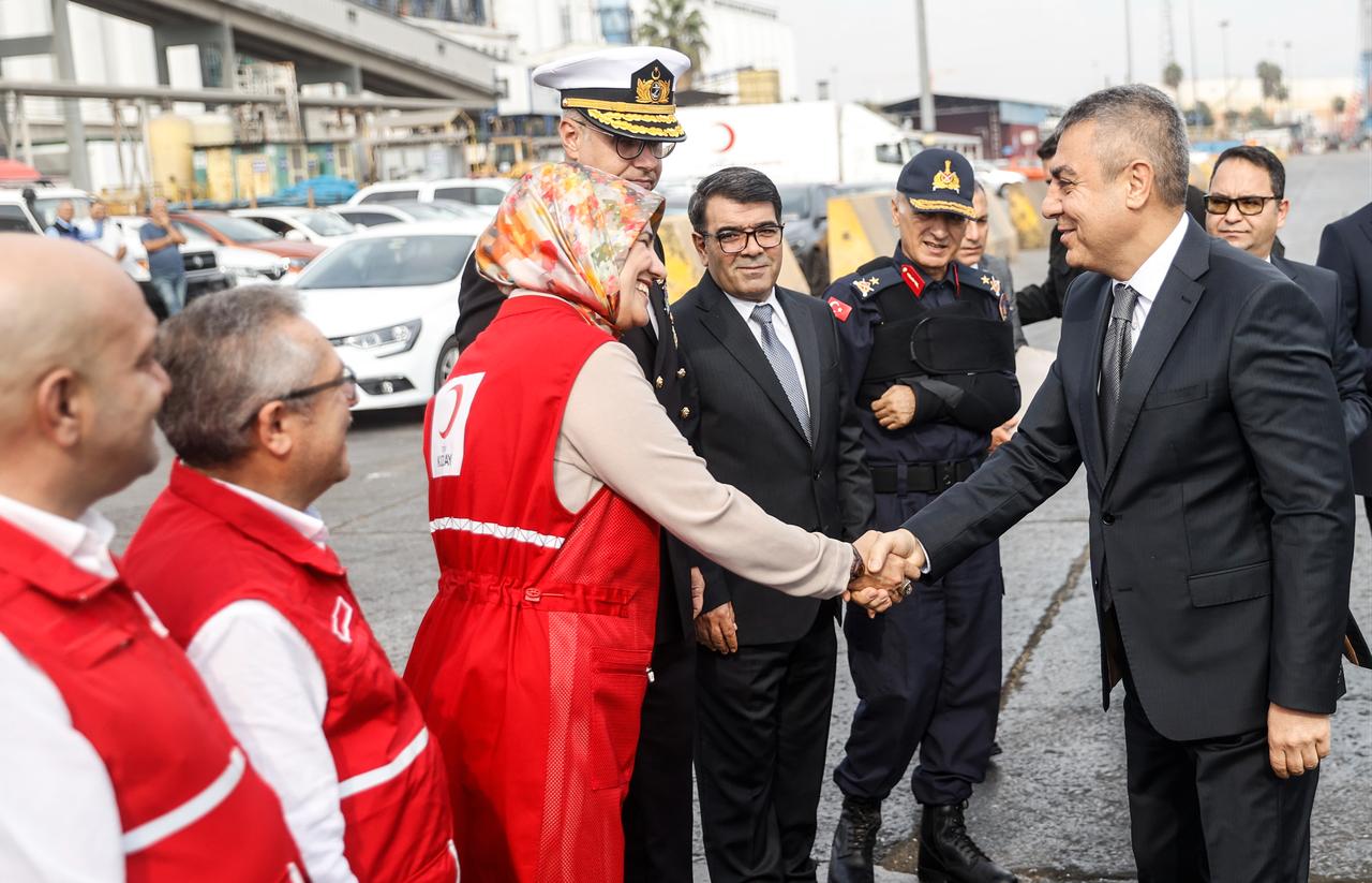 The 18th "Goodness Ship," prepared by the Turkish Red Crescent and carrying around 800 tons of humanitarian aid for Gaza, has departed from Mersin International Port, Türkiye, on Nov. 12, 2025. (AA Photo)