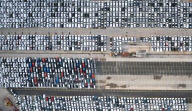 Photo shows aerial top down view of hundreds of new cars parked at Haydarpasa port in Istanbul, Türkiye, accessed on Nov. 1, 2025. (Adobe Stock Photo)