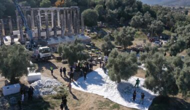 An aerial view shows participants harvesting olives around the Temple of Zeus Lepsynos at the ancient city of Euromos during the 11th International Milas Olive Harvest Festival in Milas, Mugla, Türkiye, Nov. 8, 2025. (AA Photo)