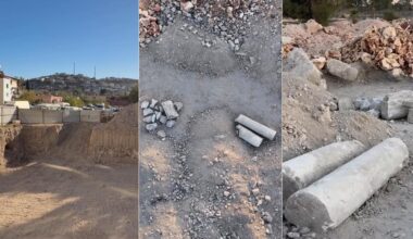 Broken column shafts and architectural stone fragments are seen dumped and scattered in the spoil area near the construction site in Silifke’s archaeological zone, Mersin, Türkiye. (Photo via Instagram/@silifkehaberajansi)