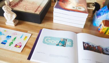 A Google doodle book with Google logo in frame.