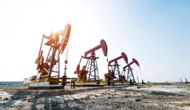 Oil well pumpjacks in the desert.