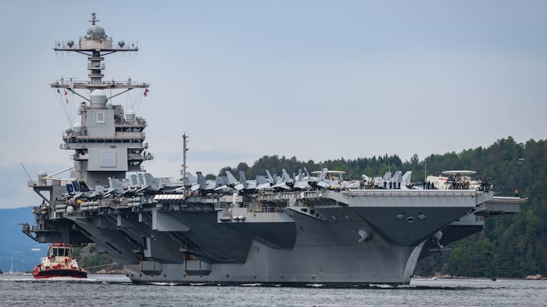 USS Gerald R Ford aircraft carrier on it's departure from visiting Oslo port in 2023.
