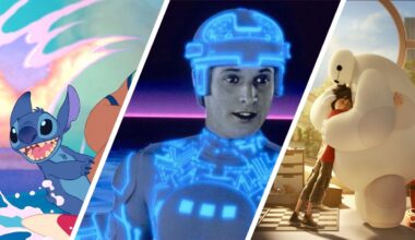 Split image showing three Disney sci-fi movies: Lilo &amp; Stitch, Tron, and Big Hero 6