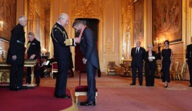 Sir David Beckham is Knighted by King Charles at Windsor Castle, accompanied by Lady Beckham, earlier today