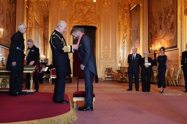 Sir David Beckham is Knighted by King Charles at Windsor Castle, accompanied by Lady Beckham, earlier today