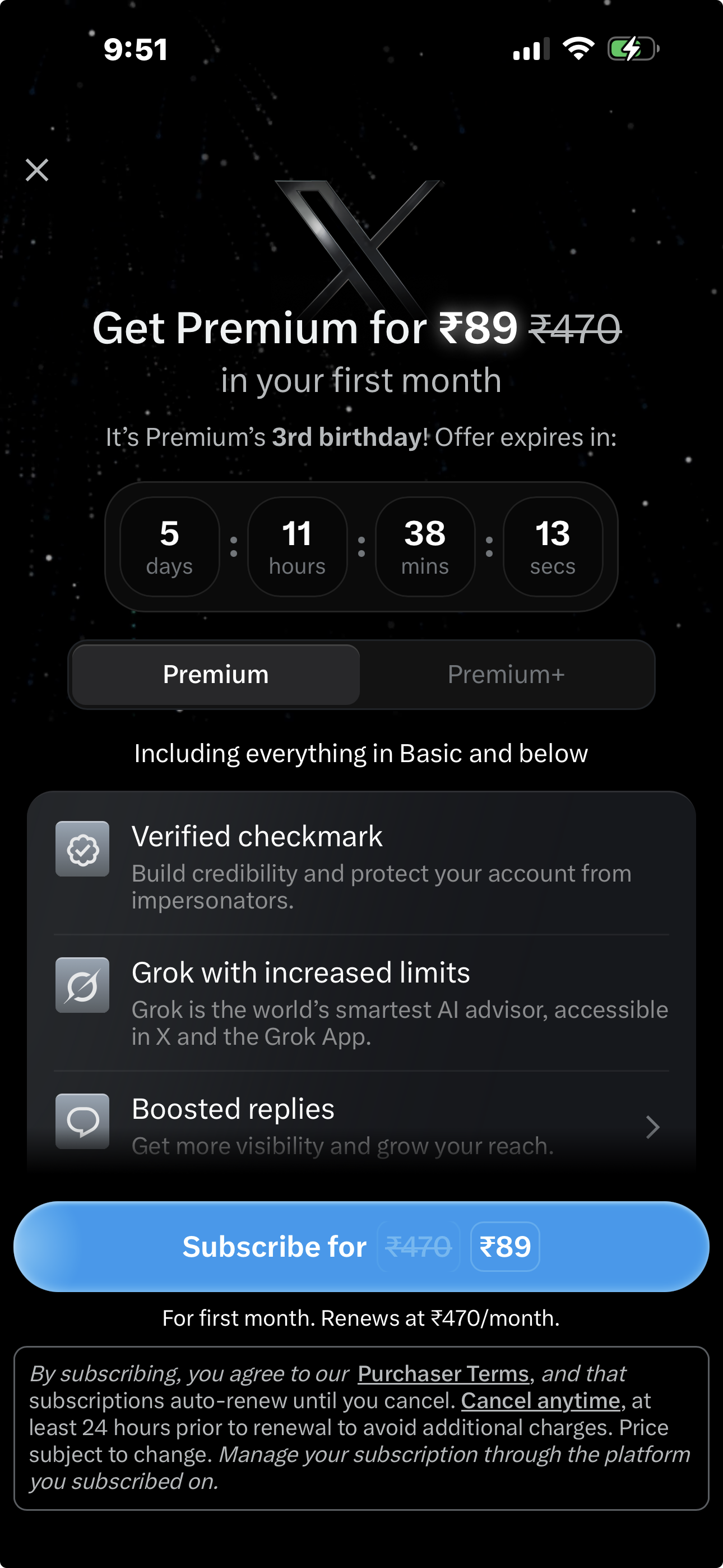 X Premium offer on mobile app