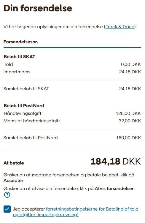 Jeg er okay med import afgift, men Håndteringsafgiften er op ad bakke. -.-