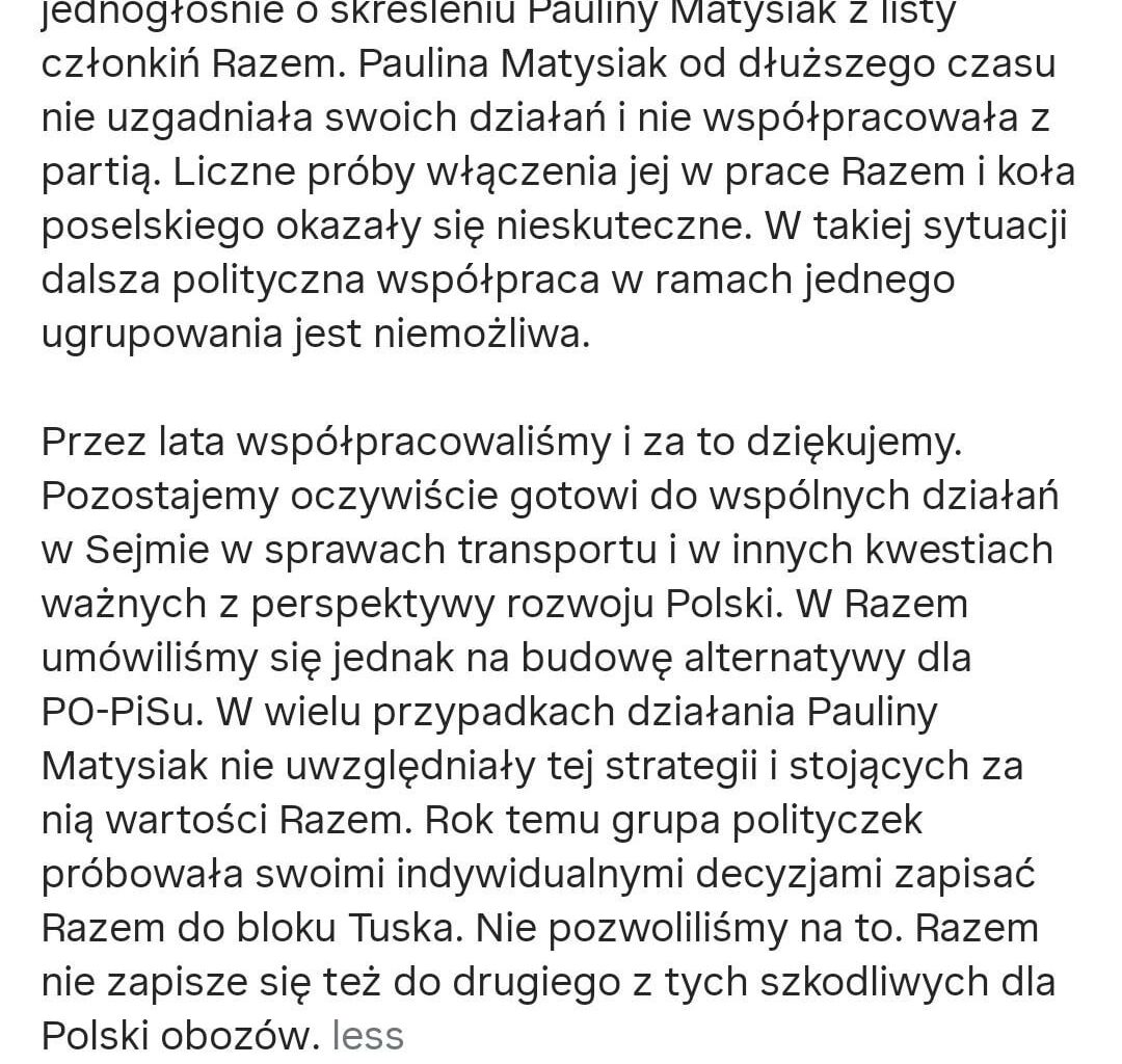 Komunikat ZK Partii Razem (Paulina Matysiak wyrzucona)