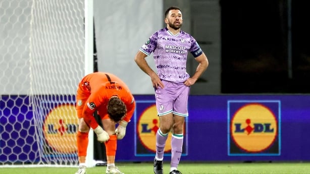 11 December 2025; Roberto Lopes, right, and Ed McGinty of Shamrock Rovers react after their side conceded a third goal scored by Kristinn Jónsson of Breidablik, not pictured, during the UEFA Conference League 2025/26 league phase match between Breidablik and Shamrock Rovers at Laugardalsvöllur in Re