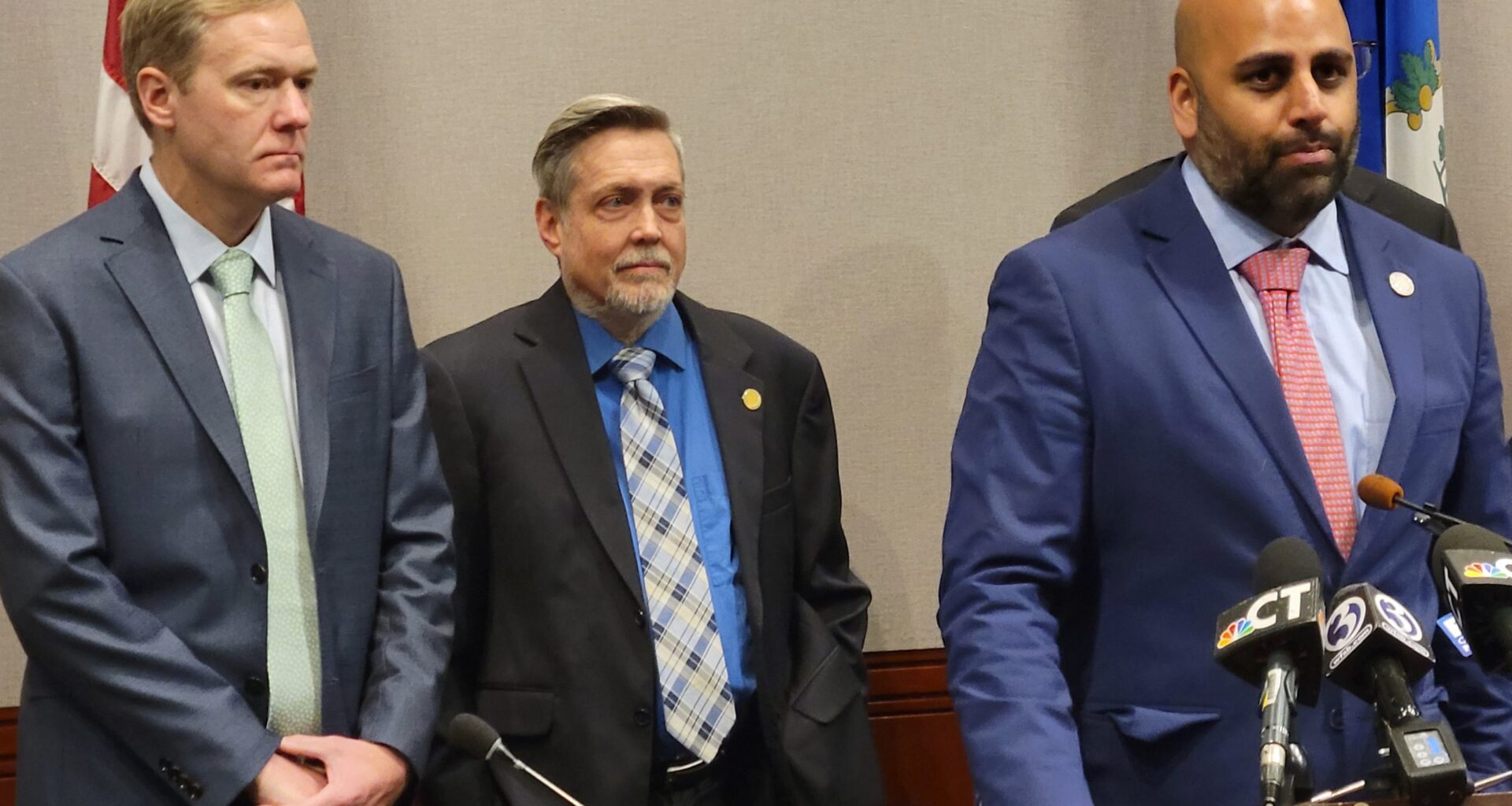 (From left to right) House Speaker Matt Ritter, D-Hartford; David MacDonald, executive director of the Asylum Hill Neighborhood Association; and Hartford Mayor Arunan Arulampalam at a press conference Thursday at the Legislative Office Building in Hartford.