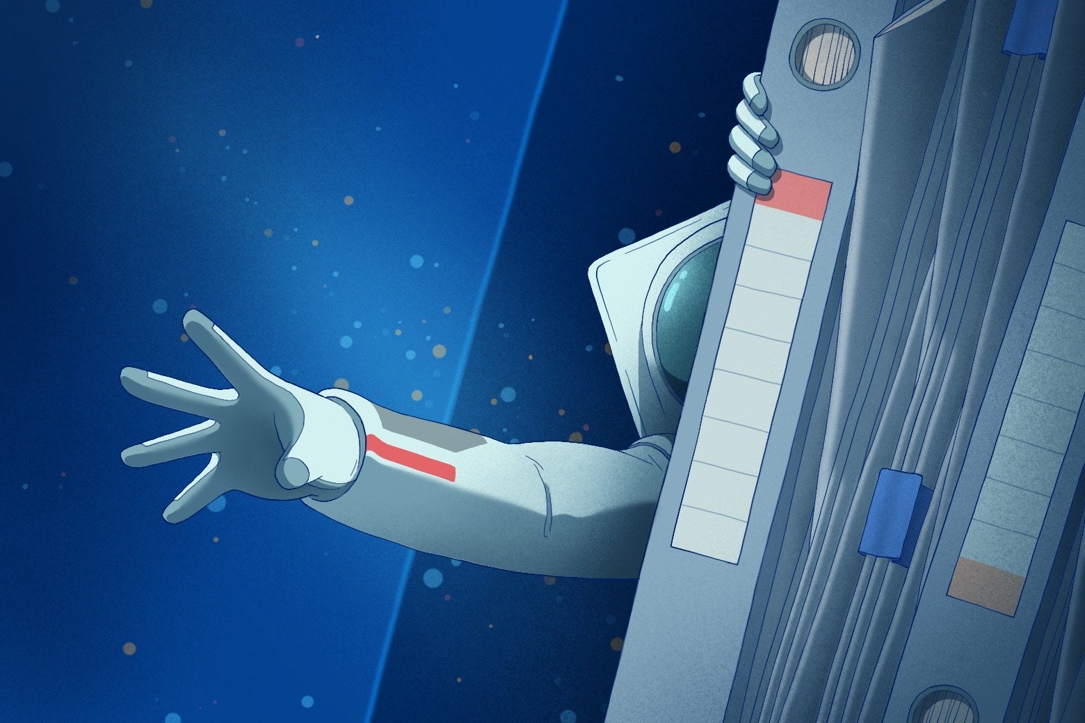 An astronaut in distress reaches out.