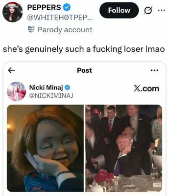 Tweet with a screenshot of a Nicki Minaj post on Donald Trump reading "she’s genuinely such a fucking loser lmao"