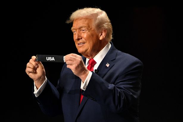 U.S. President Donald Trump on the stage at the 2026 World Cup draw