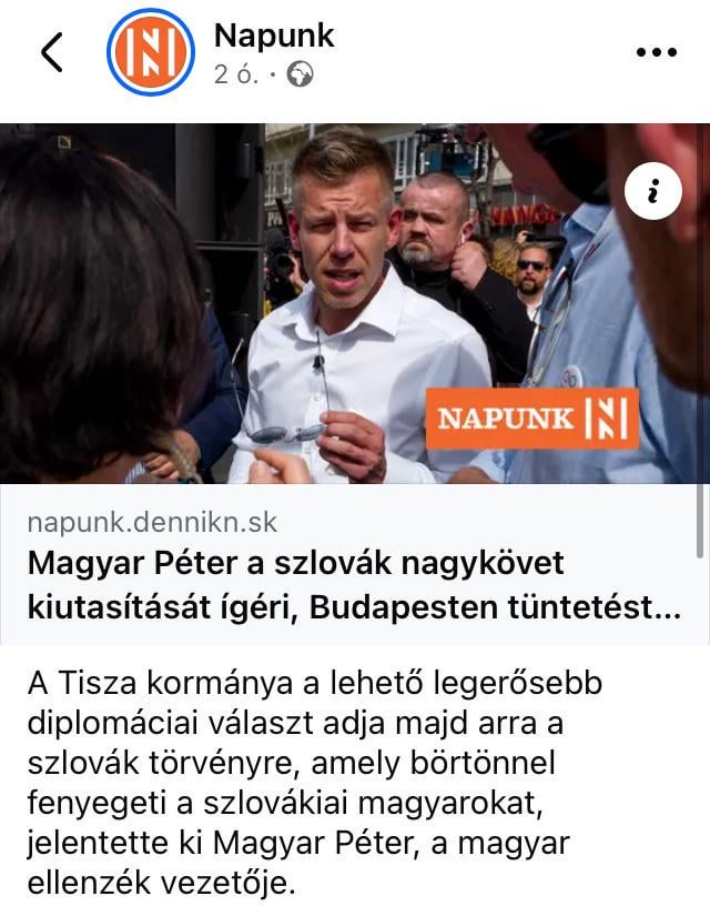 Magyar Péter sľubuje, že keď sa dostane na vládu vyhostia slovenskeho veľvslanca kvôli Benešovym dekretom - píše Napunk - maďarská časť Denníka N.