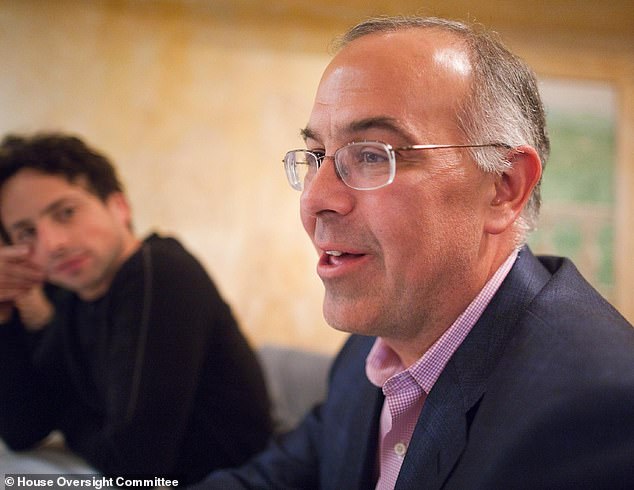 Images released by the House Oversight Committee revealed that New York Times columnist David Brooks (right) attended the dinner and was apparently sat near Sergey Brin (left, background) during the meal
