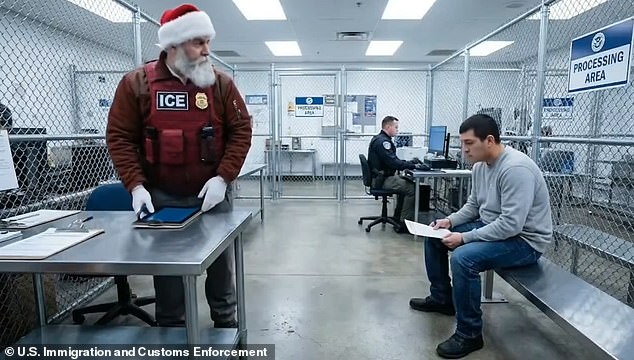 Santa is seen processing the illegal migrant at a facility before leading him onto a plane to be deported