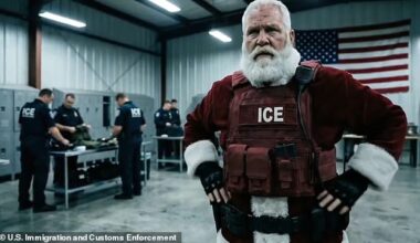 The holiday-inspired video focuses on a jolly man, wearing Santa's customary red coat, hat and long white beard, as he straps himself into a bullet proof vest with his weapons around his waist.