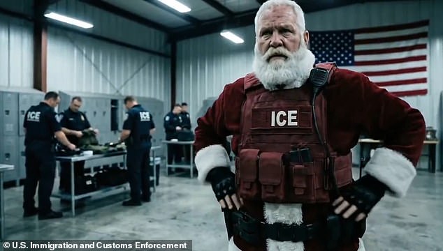 The holiday-inspired video focuses on a jolly man, wearing Santa's customary red coat, hat and long white beard, as he straps himself into a bullet proof vest with his weapons around his waist.