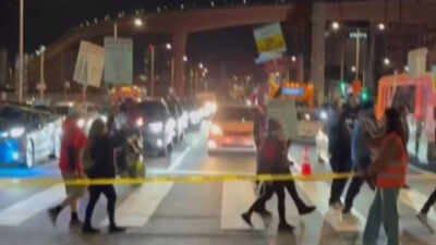 Screengrab LA airport catering staff protest near LAX; traffic slows down — watch